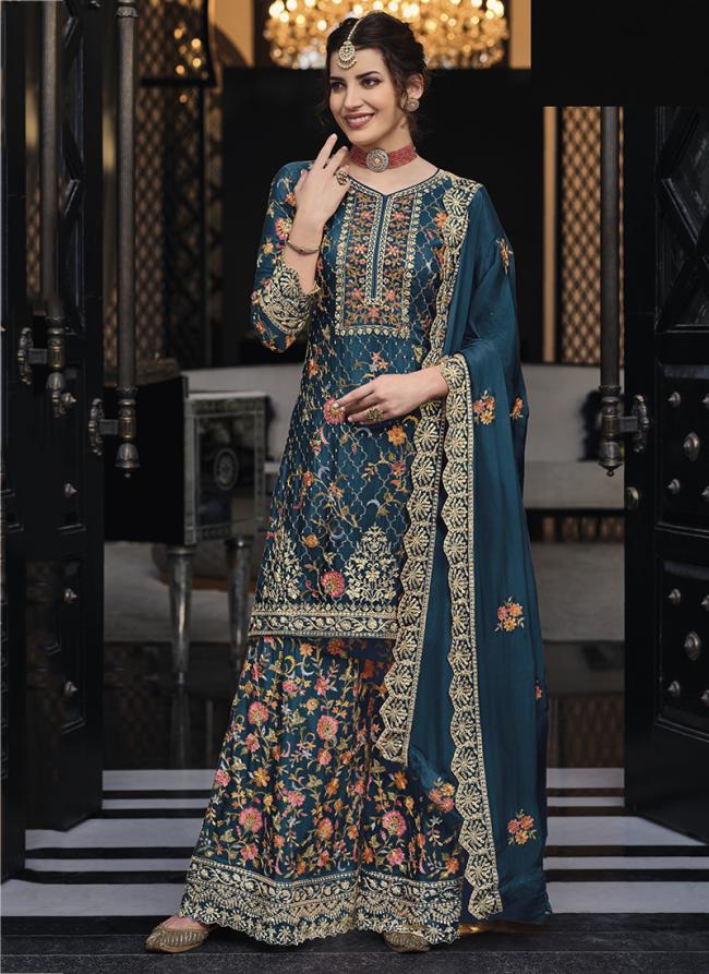 Premium Silk Aqua Blue Wedding Wear Embroidery Work Plazzo Suit